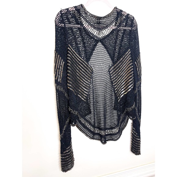 Haute Hippie Black Crochet Knit Beaded Long Sleeve Cardigan - Picture 3 of 9